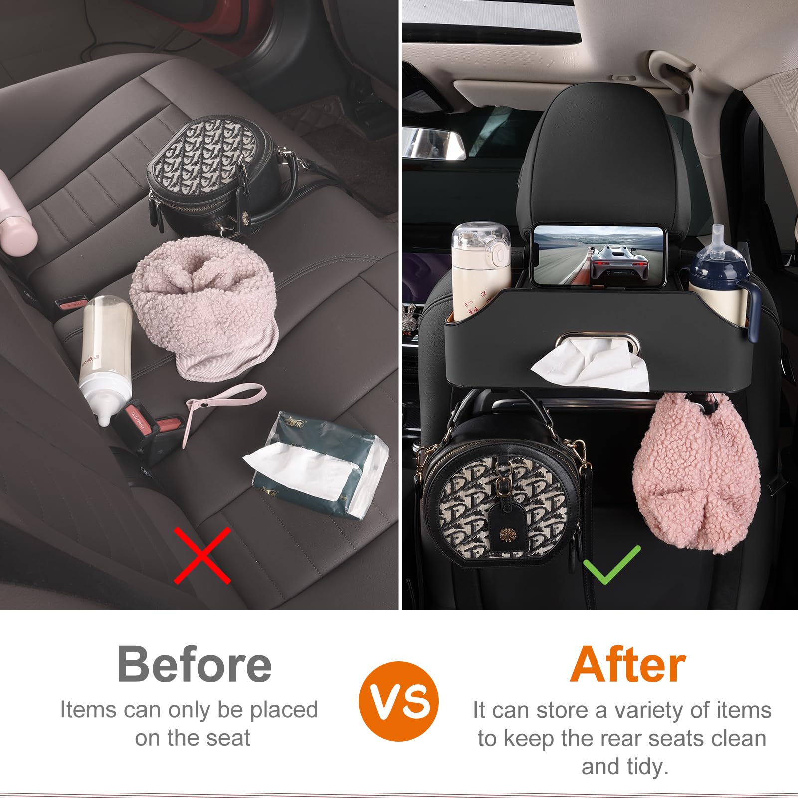 Universal Car Rear Backseat Organizer - Multi-Functional Drink Cup Holder with Tissue Storage Box & Hooks for Seat Back (Black) - Perfect for Road Trips, Family Travel & Daily Commute