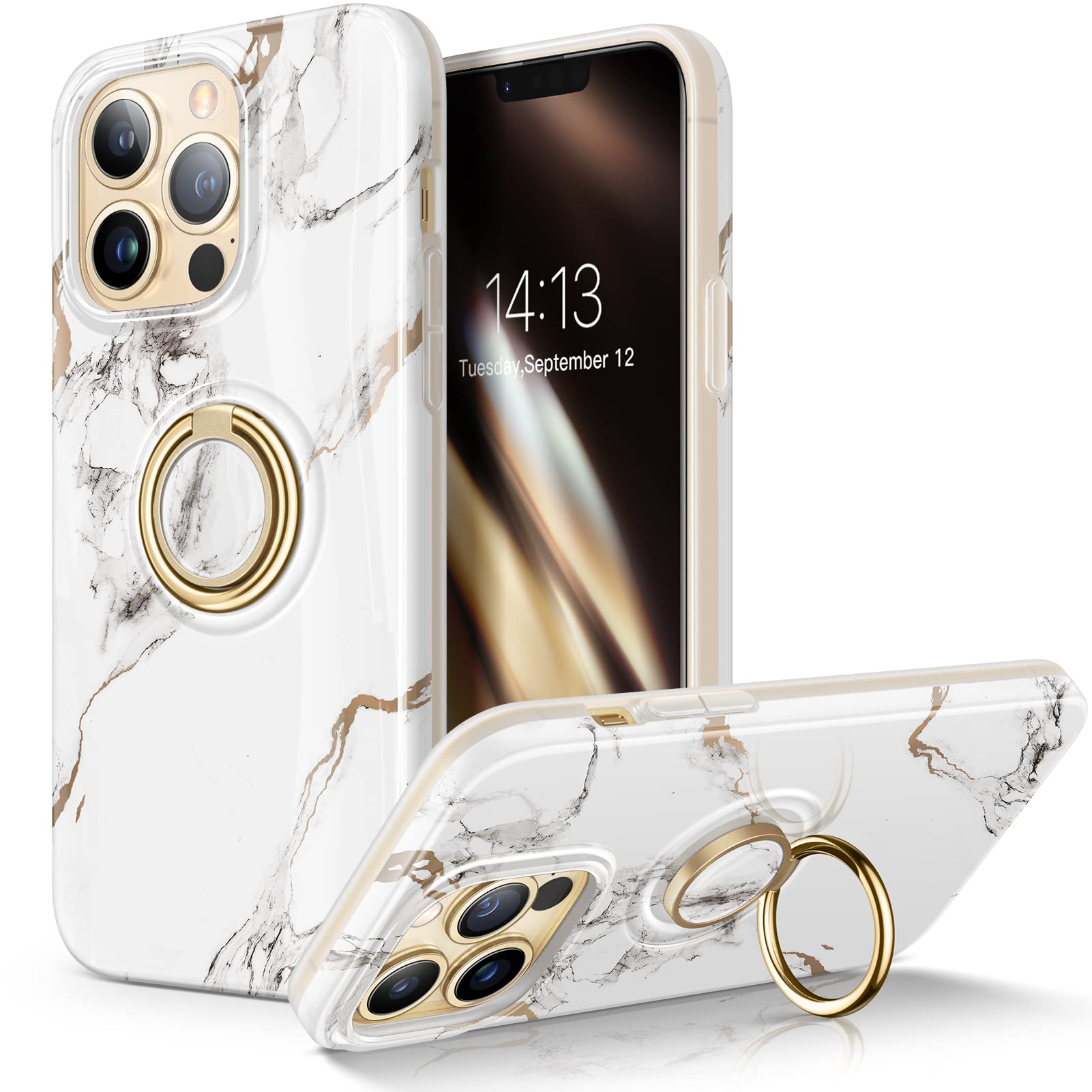GVIEWIN iPhone 13 Pro Case 6.1 Inch (2021) - 360° Rotatable Ring Holder & Kickstand, Slim Shockproof TPU Protective Cover with Marble Design (White/Gold) - Perfect for Work, Travel, and Everyday Protection
