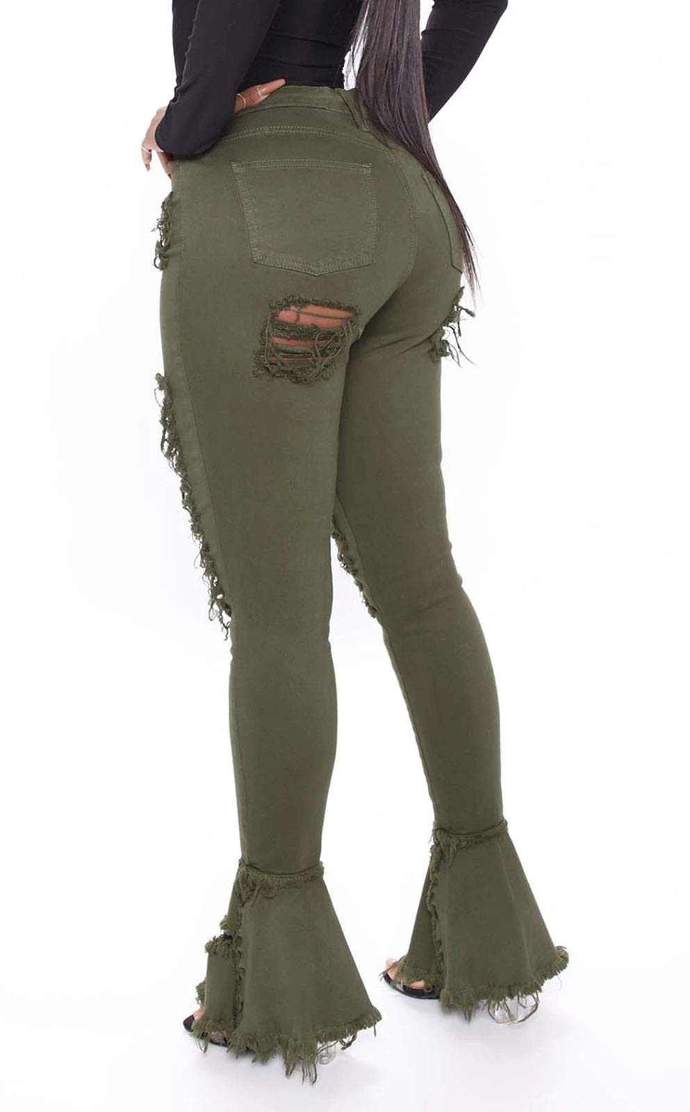 Women's Ripped Flare Jeans - Elastic Waist Raw Hem Denim Pants for Casual Outfits