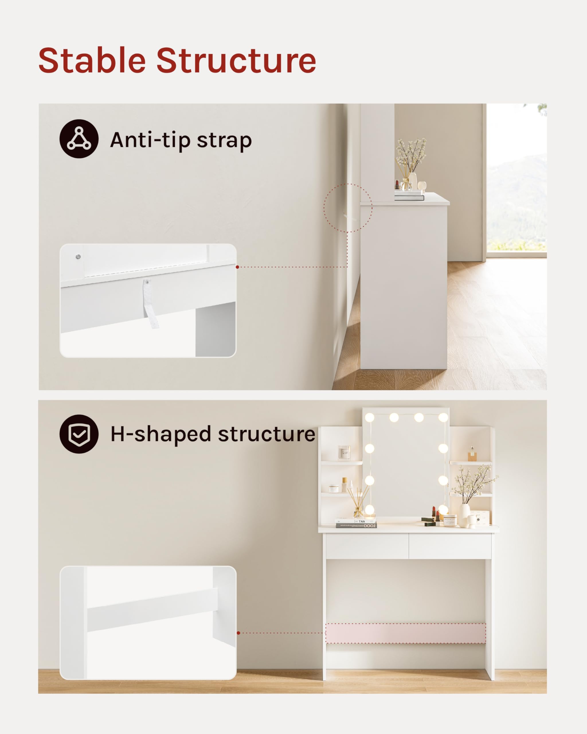 WOLTU Modern White LED Vanity Table with Adjustable Brightness Mirror, 2 Drawers & Open Shelves - 90x40x135cm Wooden Makeup Dressing Desk (MB6096ws) for Bedroom, Home Decor & Beauty Organization