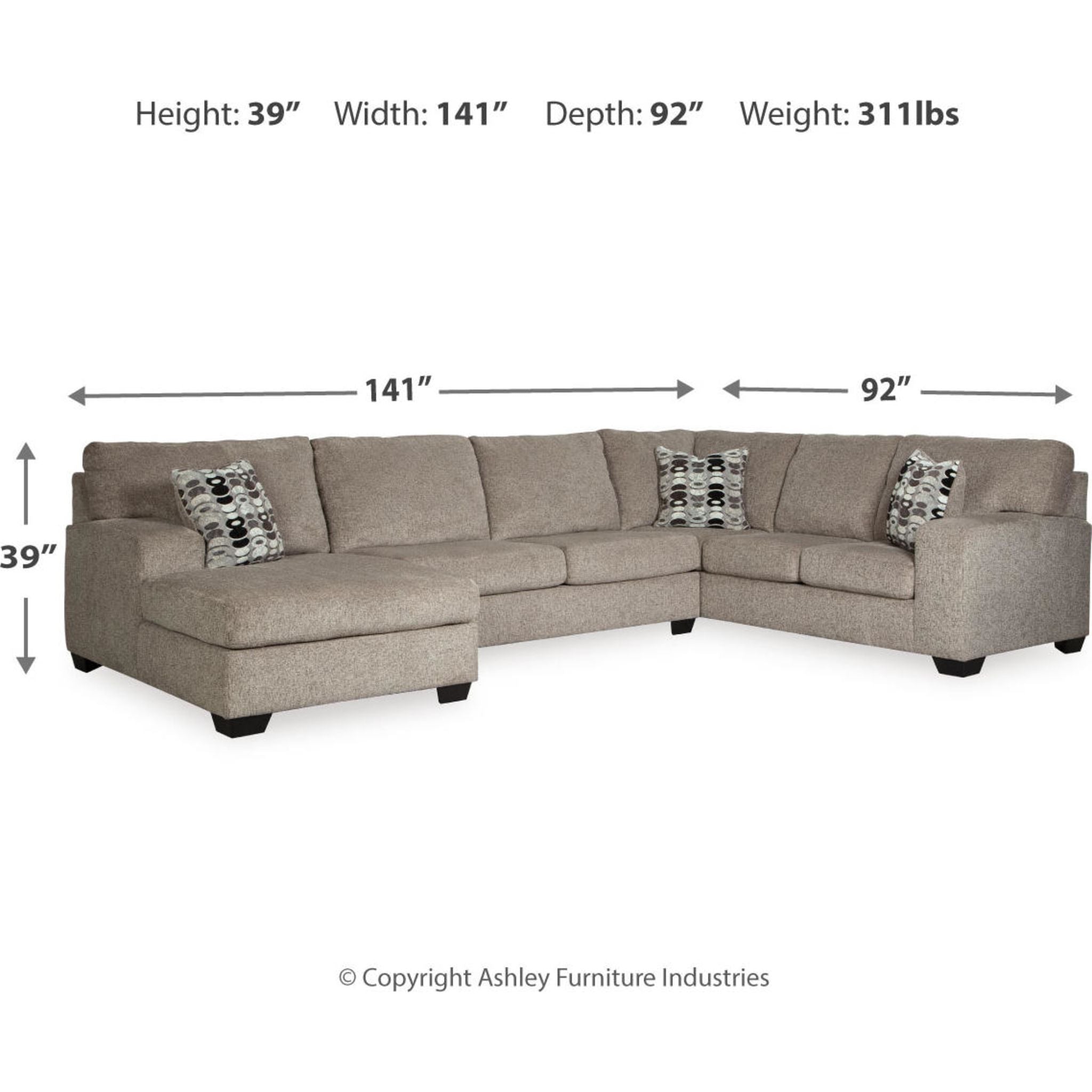 Ballinasloe 3-Piece Sectional Sofa with Chaise Lounge | Modern L-Shaped Couch for Living Room, Family Room & Apartment | Comfortable Fabric Sectional with Reversible Chaise