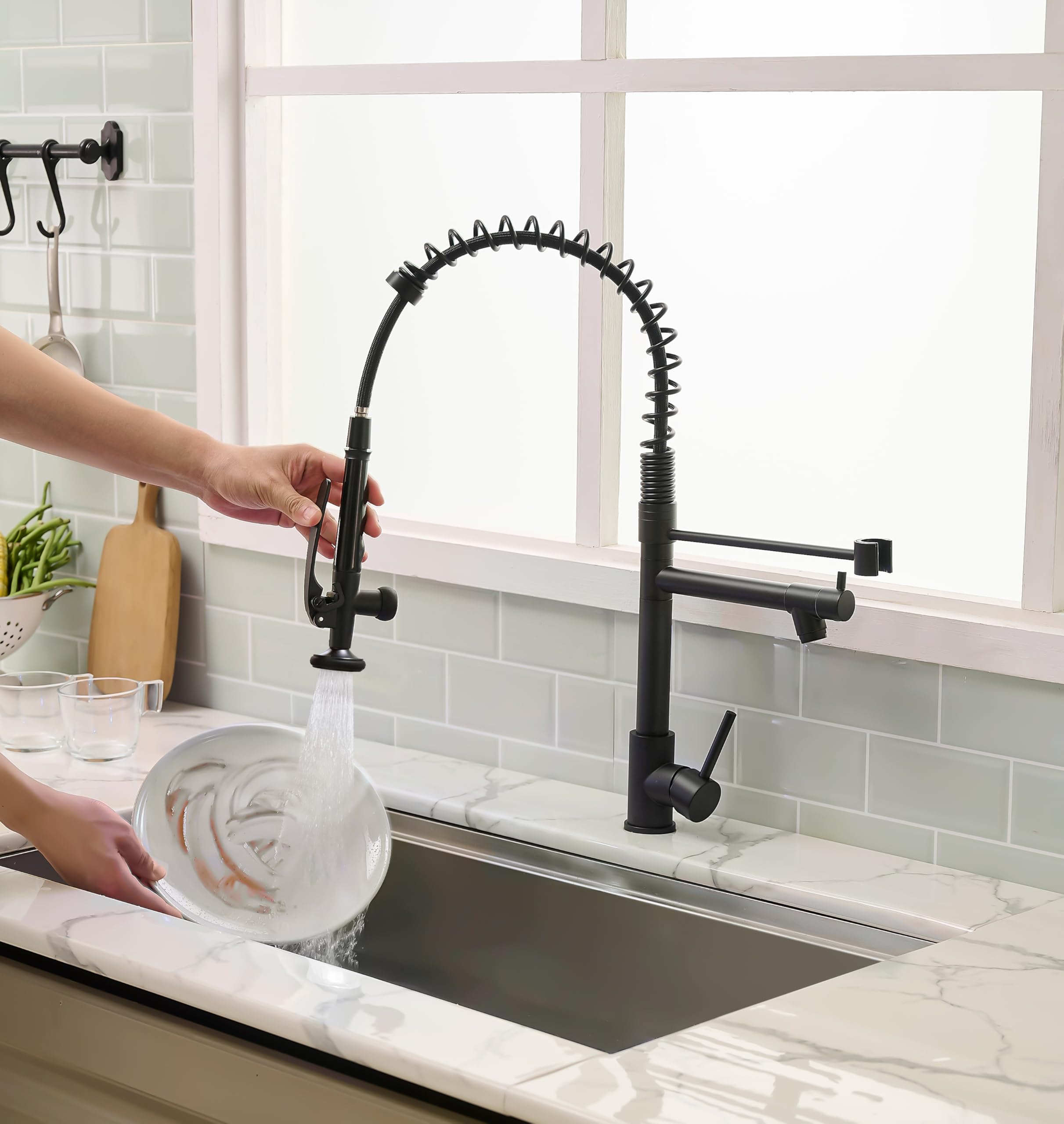 Fapully Black Kitchen Faucet with Deck Plate - Modern Matte Black Pull Down Sprayer Faucet for Sink, High Arc Brushed Nickel Gooseneck Design - Perfect for Home Kitchen, Restaurant & Commercial Use