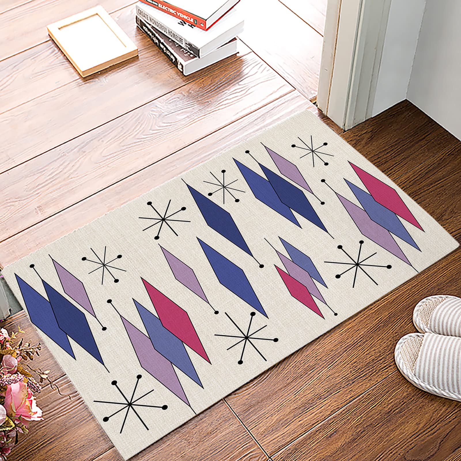 Geometric Purple Diamond Non-Slip Doormat - Vintage Mid Century Design, Durable & Absorbent Low Pile Floor Mat (16x24 Inch) - Perfect for Entrance, Kitchen, Bathroom, Porch & Doorway Decor