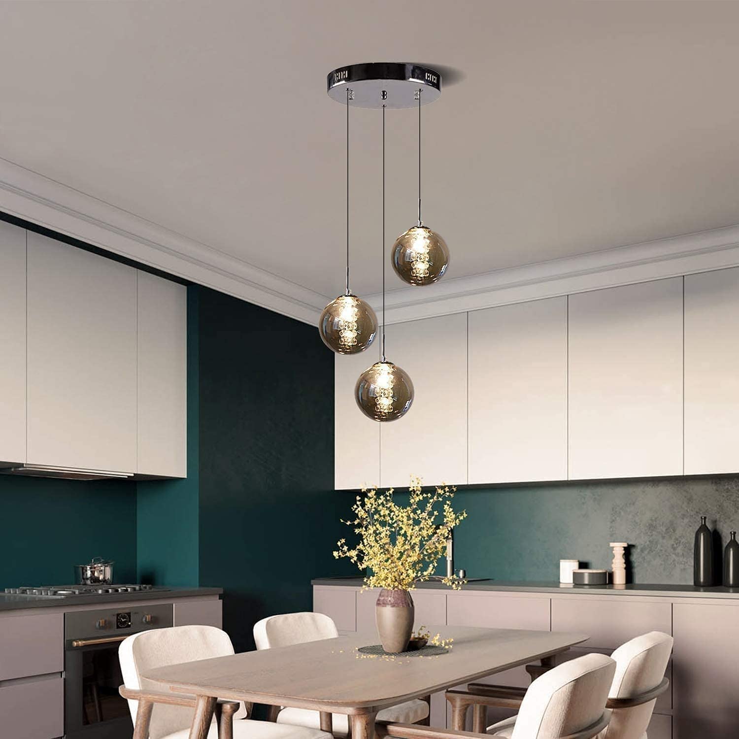Adjustable Height Modern Glass Ball Chandelier - 3-Light Crystal Ceiling Fixture for Living Room, Staircase & Dining Room (Gray) - Elegant Lighting for Home Decor