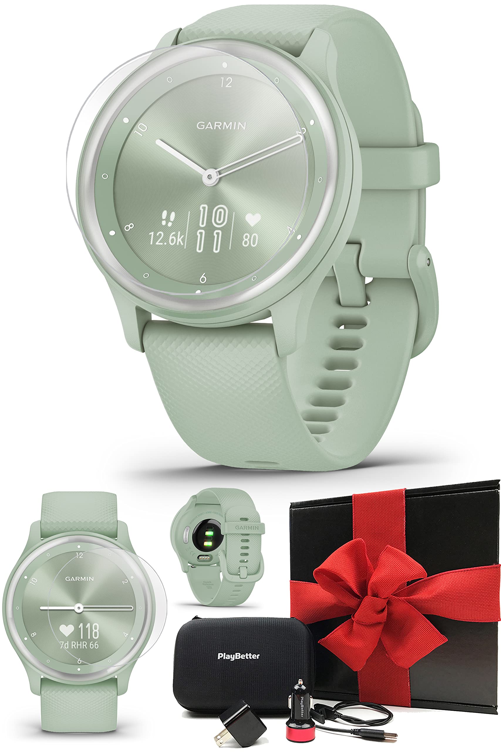Garmin Vívomove Sport Hybrid Smartwatch (Cool Mint/Silver) - 2022 Edition with Heart Rate Monitor, Call Notifications & Fitness Tracking - Includes Screen Protectors, Car/Wall Adapters & Hard Case Gift Box - Perfect for Women's Workouts, Running & Daily Activity Tracking