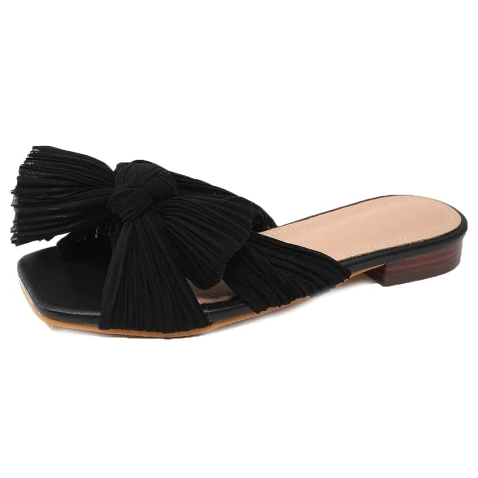 Women's Comfortable Flat Slide Sandals with Bowknot - Open Toe Square Pleated Summer Beach Sandals for Casual, Bridal & Dressy Occasions