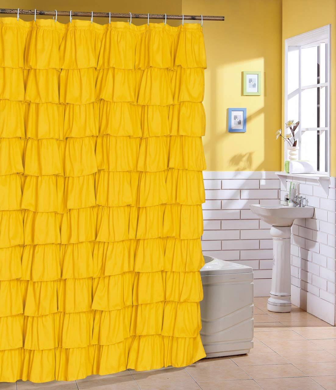 Flamenco Ruffle Shower Curtain - Waterproof Bathroom Decor in Vibrant Yellow | Perfect for Boho, Spanish & Tropical Themed Bathrooms