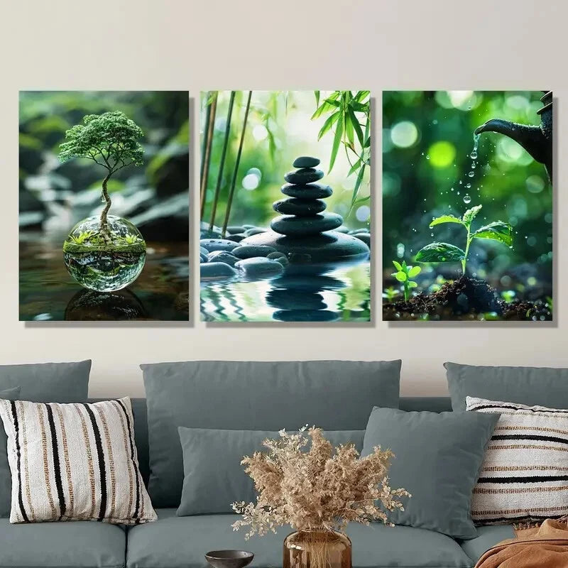 3-Piece Bamboo Metal Print Wall Art - Tree in Water Ball Design, Ready to Hang for Home & Office Decor | Perfect for Living Room, Bedroom, or Gift Giving