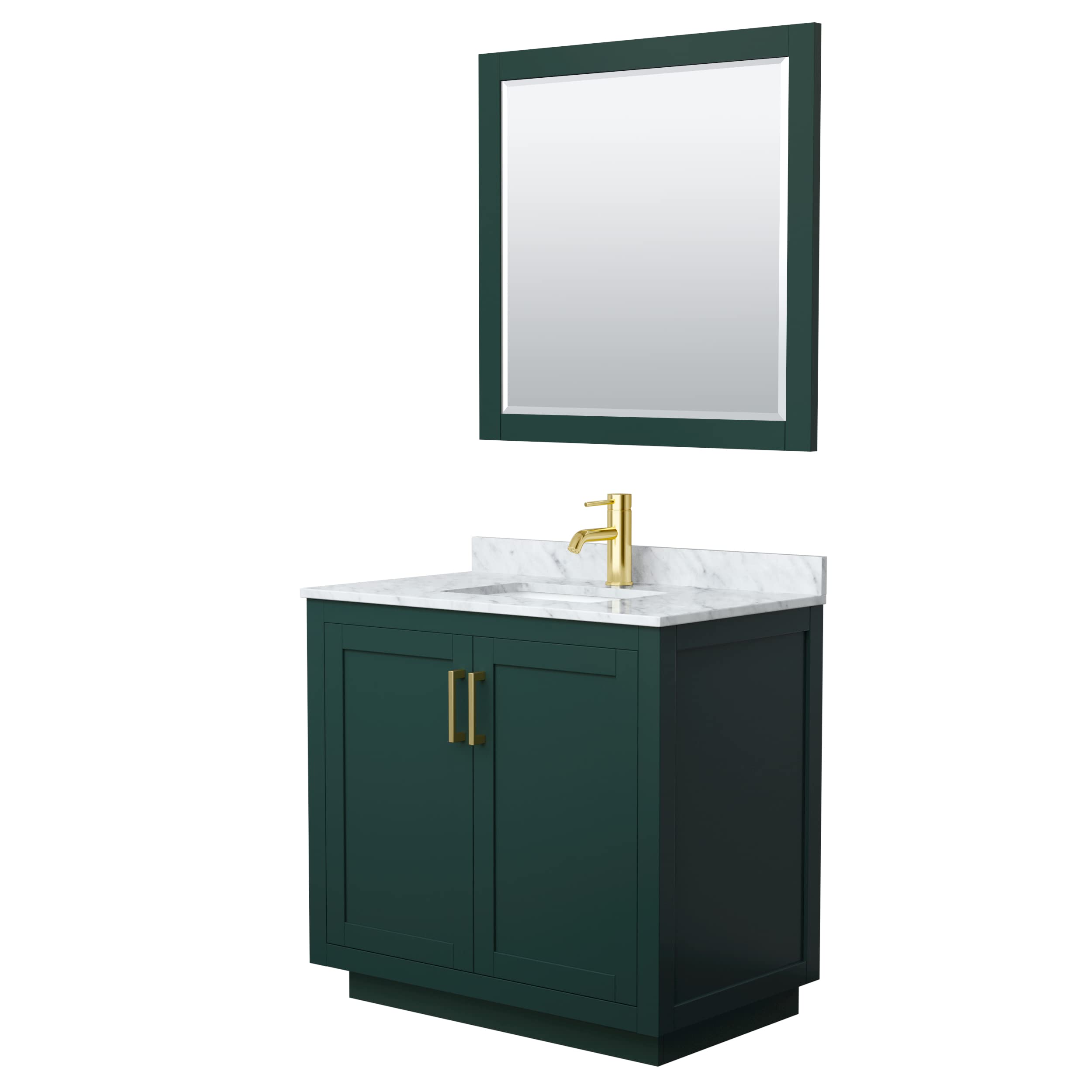 Wyndham Collection Miranda 36 Inch Single Bathroom Vanity with White Carrara Marble Countertop - Green Undermount Square Sink & Brushed Gold Trim - Includes 34 Inch Mirror | Modern Bathroom Decor for Small Spaces, Guest Bathrooms & Home Renovation