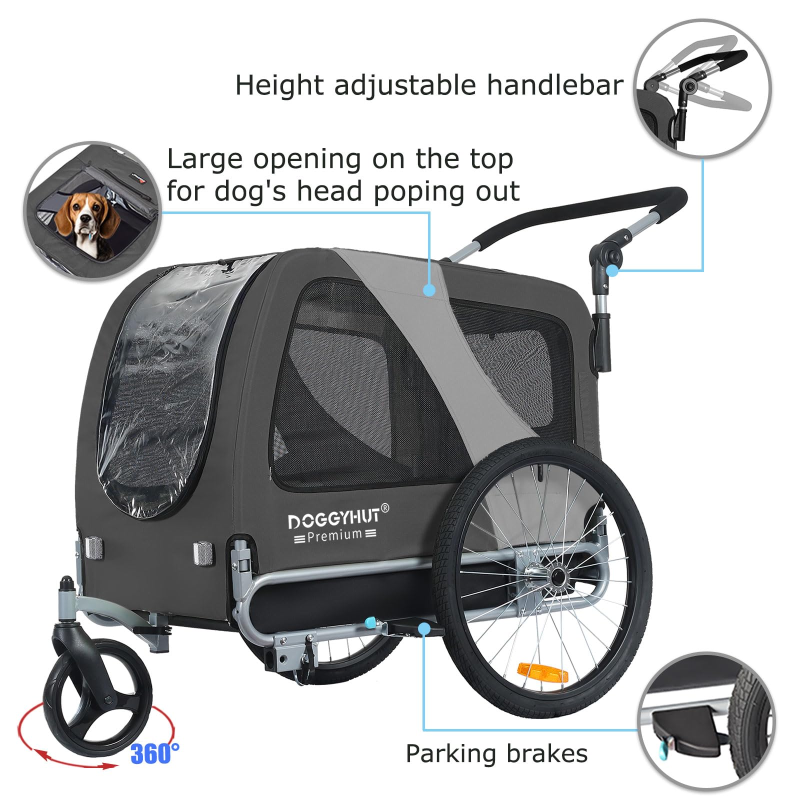 DOGGYHUT® Premium Large/XL Pet Bike Trailer & Stroller for Big Dogs - Heavy Duty Bicycle Carrier with Low Center Gravity, Parking Brakes & Easy Fold Frame - Perfect for Cycling, Jogging and Outdoor Adventures with Your Dog