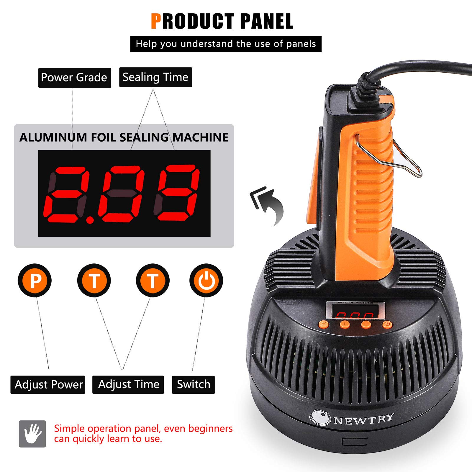 NEWTRY Handheld Induction Sealer Machine 20-80mm Adjustable Power & Time - 110V Bottle Cap Sealer for Plastic & Glass Containers - Perfect for Home Brewing, DIY Projects & Small Business Packaging