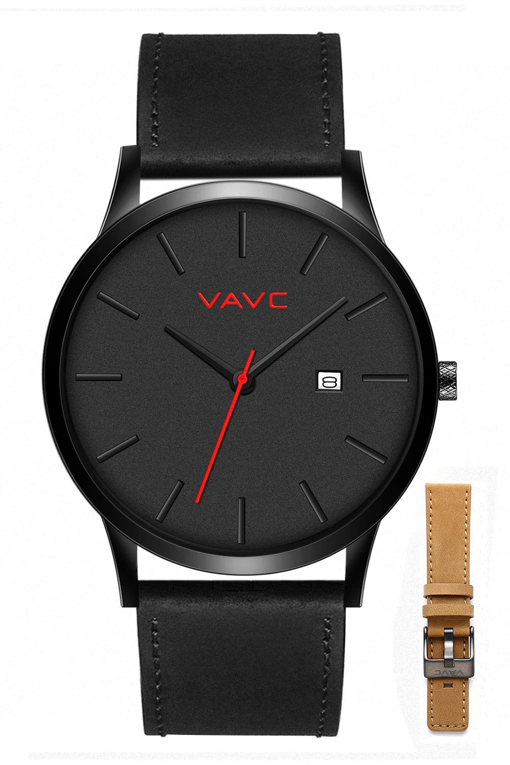 VAVC Men's Black Leather Strap Analog Dress Watch - Quartz Movement, Minimalist Black Dial - Perfect for Business, Casual & Formal Occasions