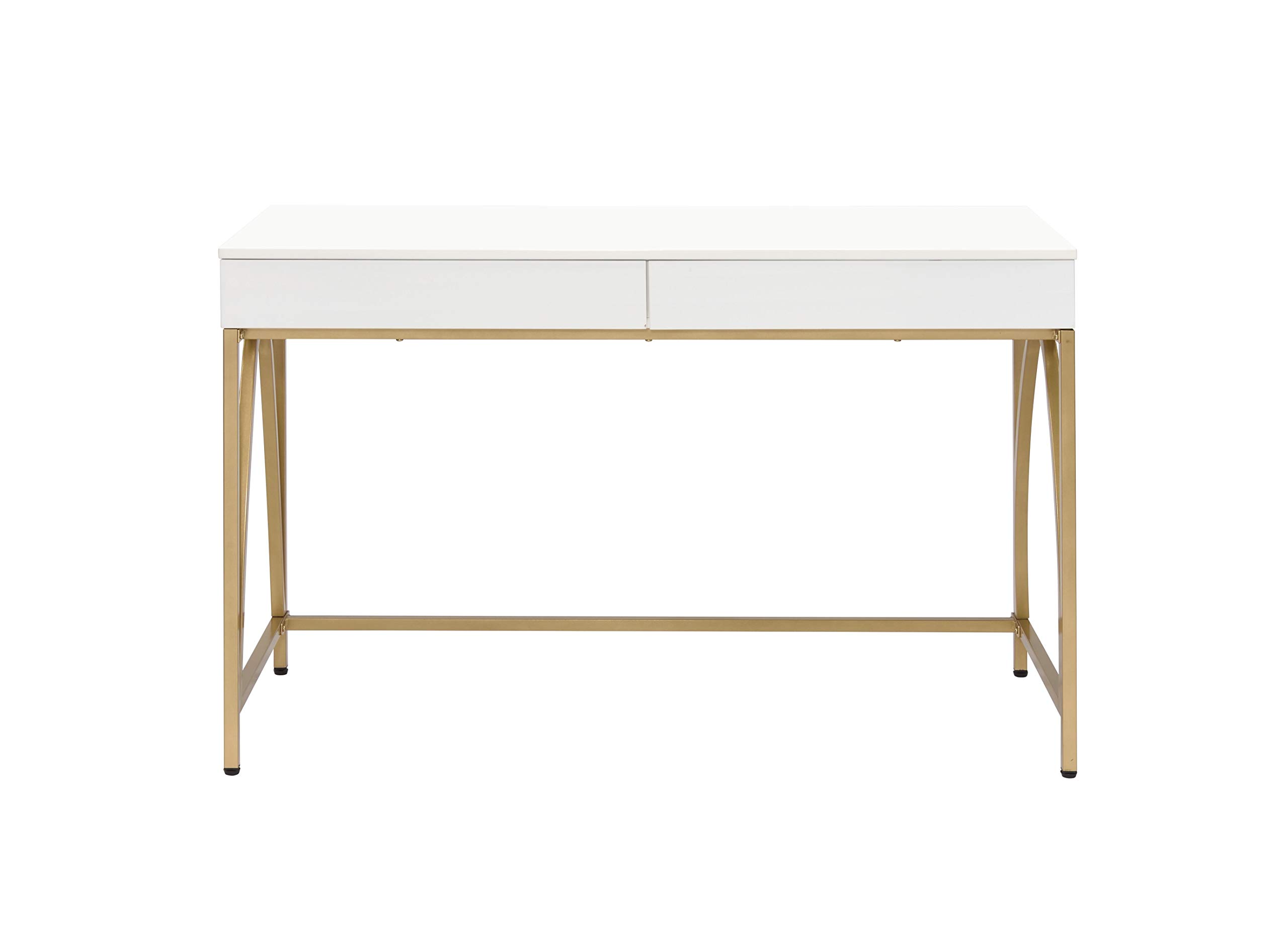 Benjara White and Gold Rectangular Wooden Desk with 2 Drawers & Metal Legs - Modern Home Office & Study Writing Table for Small Spaces