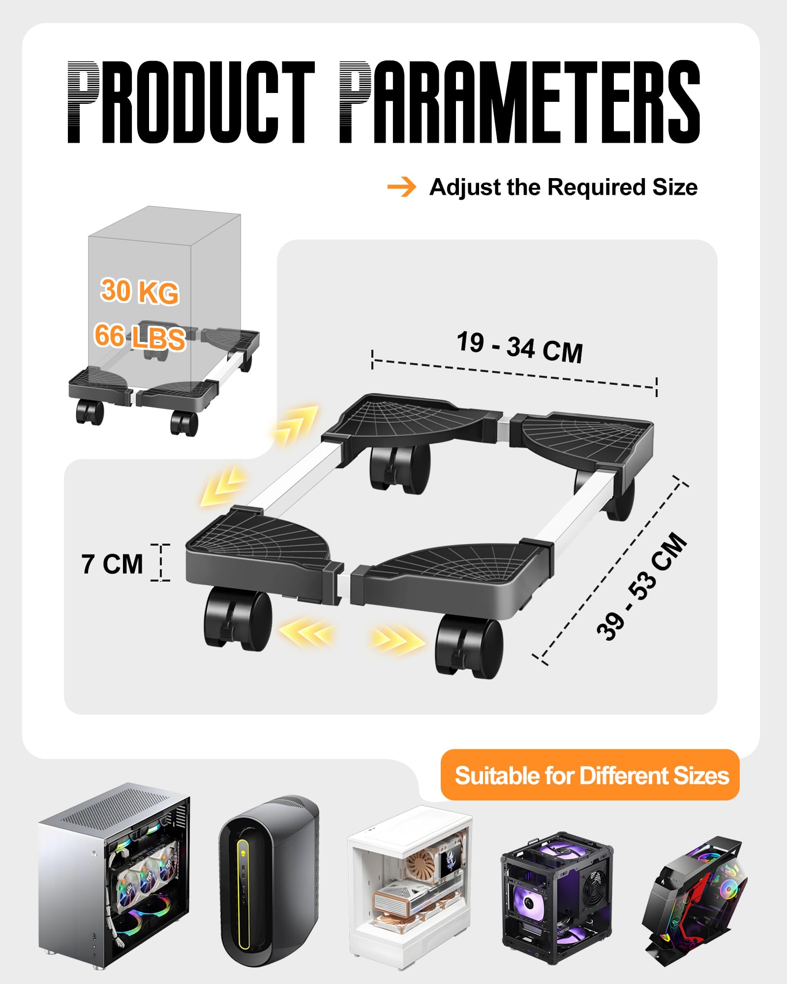 Adjustable CPU Stand for PC with Wheels and Brakes - Removable Computer Case Holder for Desktop - Black - Perfect for Office, Gaming, and Home Workspace Organization
