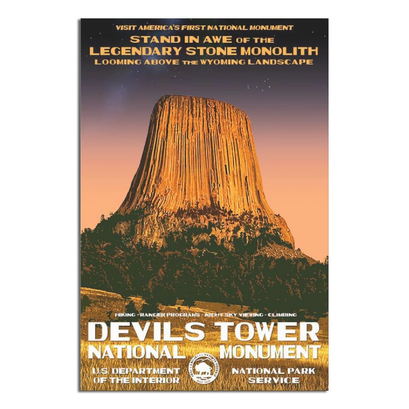 Vintage Devils Tower National Park Travel Poster - Stone Canvas Wall Art for Modern Home Decor - Perfect for Living Room, Bedroom & Office - Great Birthday Gift Idea for Nature Lovers & Travel Enthusiasts