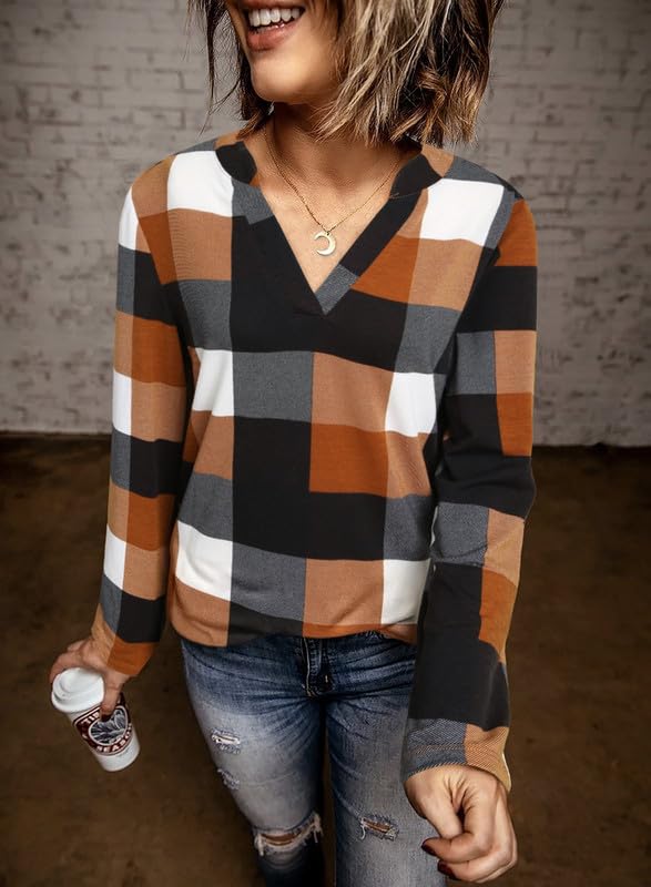 Dokotoo Women's Basic Casual V-Neck Plaid Print Long Sleeve Blouse - Cuffed Work Shirt (Sizes S-3XL) | Perfect for Office, Business Casual & Everyday Wear