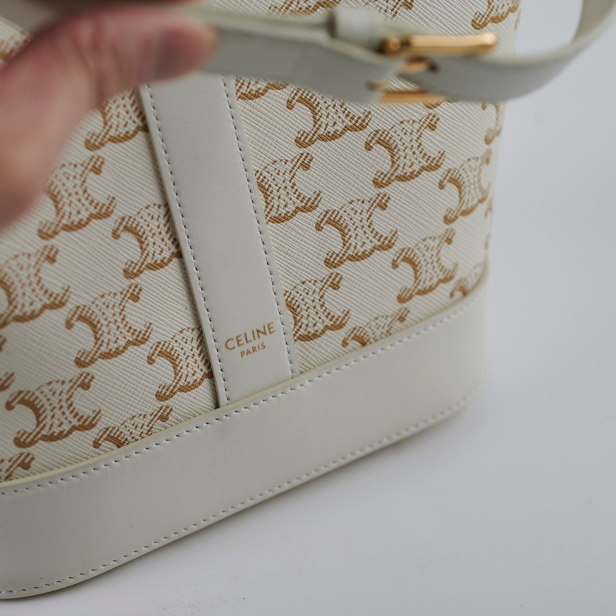Celine Small Bucket Triomphe White Leather Shoulder Bag for Women | Luxury Designer Handbag for Everyday Use, Work & Travel