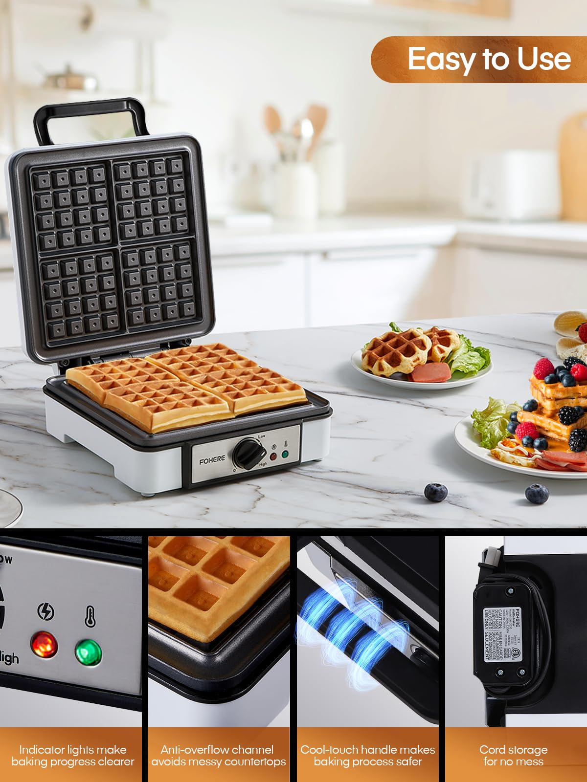 FOHERE 4-Slice Belgian Waffle Maker - 1200W Square Waffle Iron with 5 Browning Levels, Nonstick Plates & Cool-Touch Handle - Perfect for Breakfast, Brunch & Family Gatherings - Anti-Scald & Anti-Overflow Design with Indicator Lights - Includes Recipe Book (White, Large)