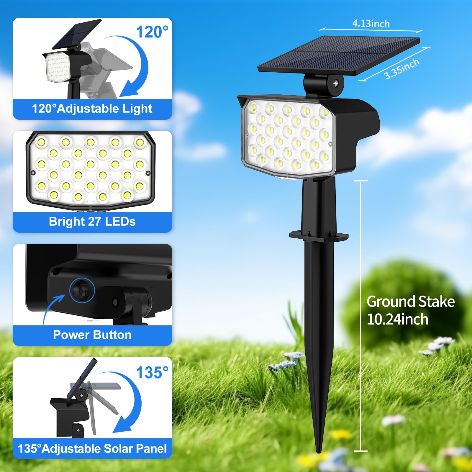 10 Pack Solar Spot Lights Outdoor Waterproof - Adjustable Solar Powered Landscape Lights for Yard, Garden, Pathway, Pool & Porch | 3 Lighting Modes | Cool White | Perfect for Nighttime Safety & Outdoor Decor