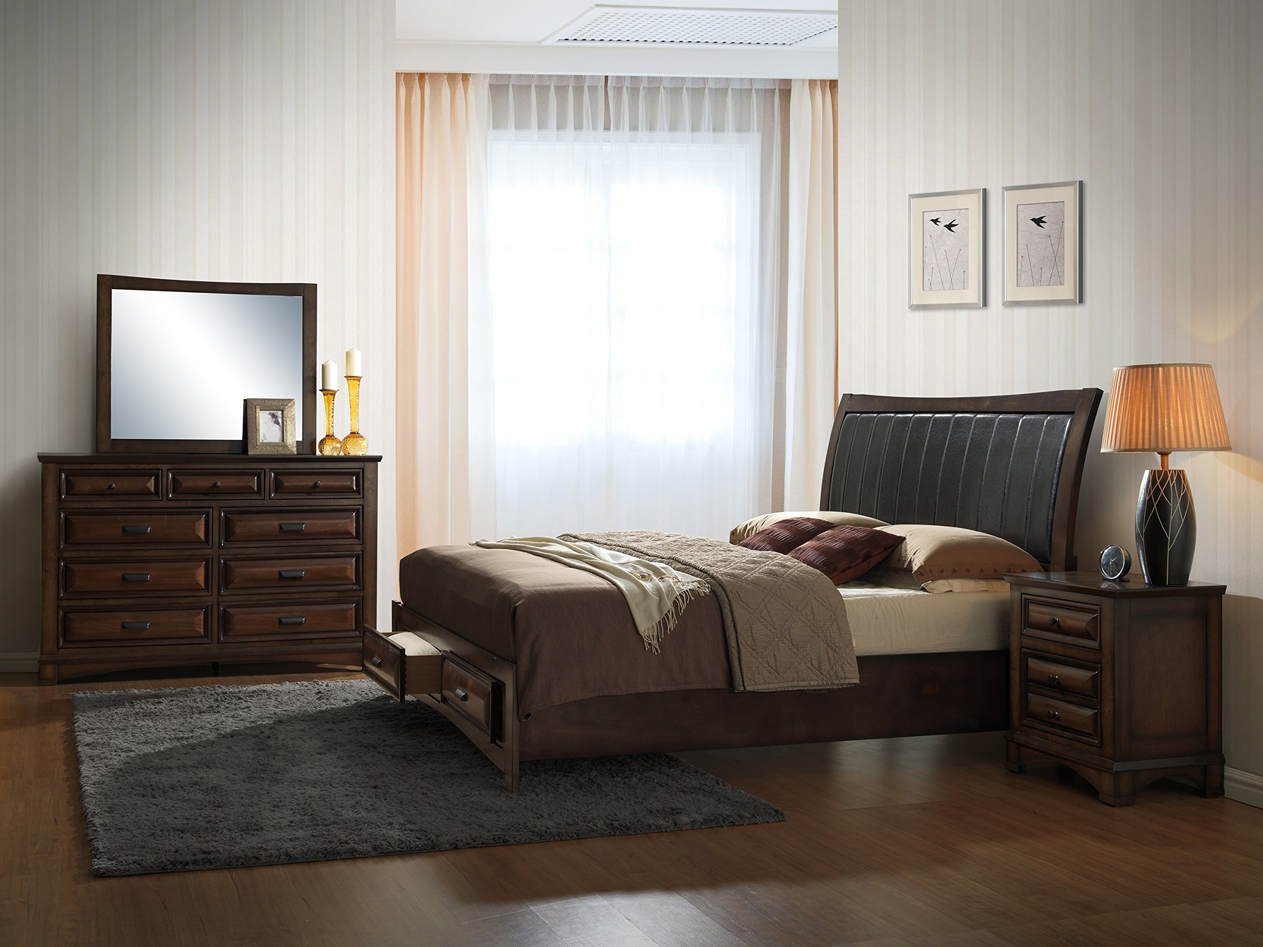 Roundhill Furniture Broval 179 King Size Storage Bed Set with Dresser, Mirror & Nightstand in Light Espresso Finish - Modern Wood Bedroom Furniture for Master Bedroom & Guest Room