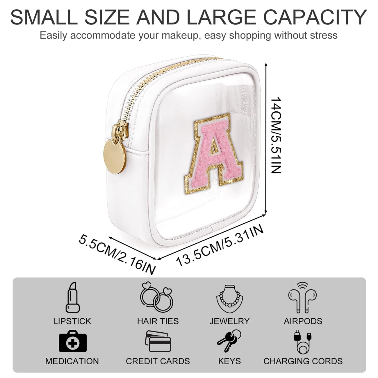 Clear Makeup Bag Mini Cosmetic Pouch for Women - Waterproof Travel Toiletry Organizer with Zipper - Cute Letter Design (White, J) - Perfect for Travel, Gym, and Daily Cosmetics Storage
