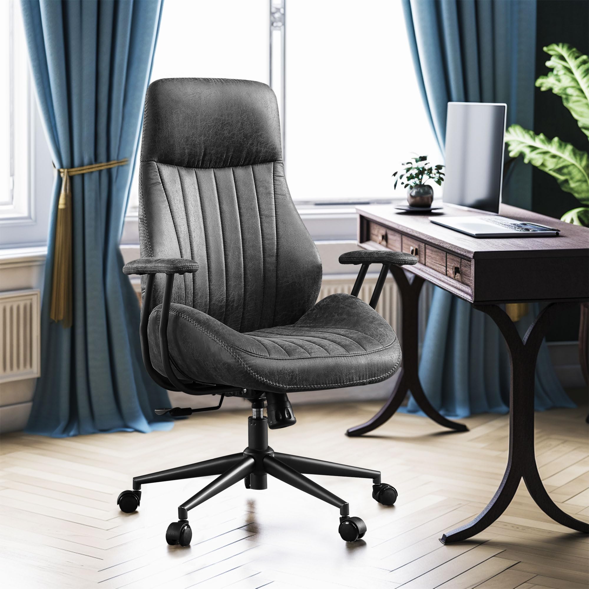 Ergonomic High Back Office Chair - Modern Swivel Desk Chair with Adjustable Height & Lumbar Support - Black Suede Fabric Gaming Chair for Home Office, Workstation & PC Gaming Setup - Comfortable Computer Chair for Long Hours of Work or Play