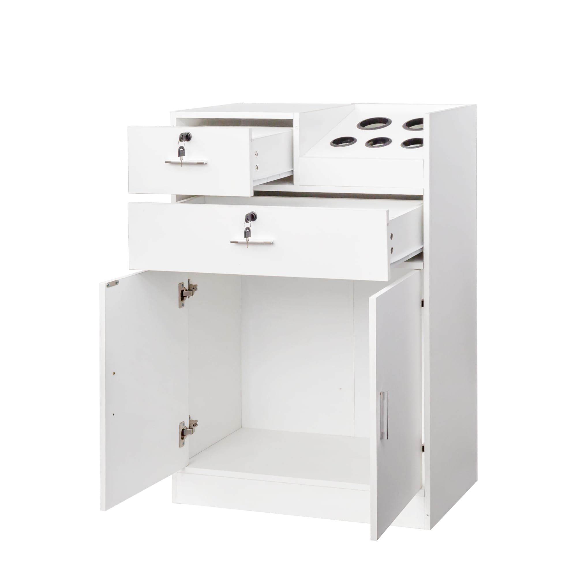 Salon Storage Cabinet with Hair Dryer Holder - 2 Drawers & 1 Cabinet for Salon, Barber & Home Use - White