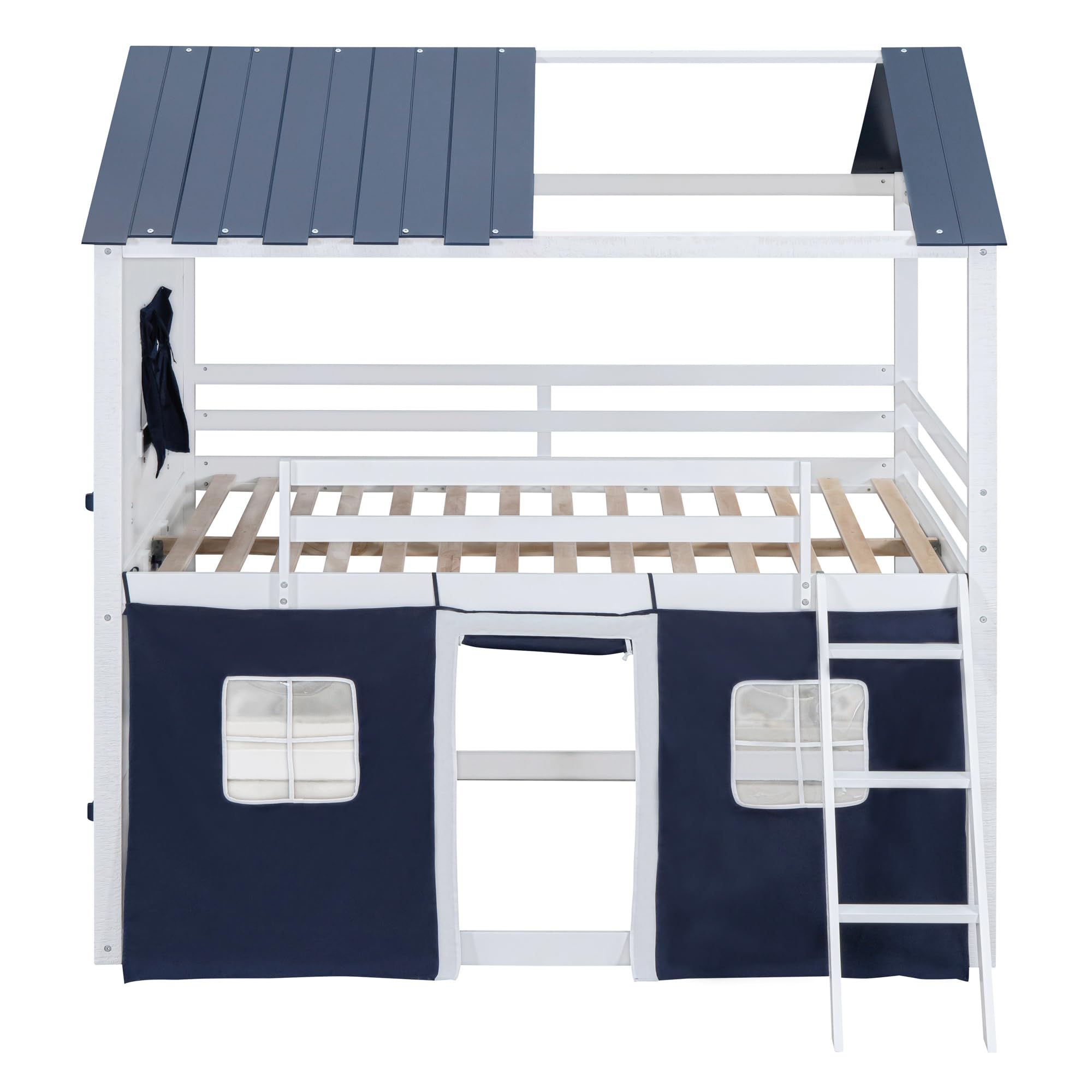 SOFTSEA Twin Over Twin House Bunk Bed for Kids with Tent, Slide Ladder & Guardrails - Wooden Loft Bed Frame with Windows - Blue Playhouse Bunk Bed for Boys & Girls | Perfect for Small Bedrooms, Shared Kids' Rooms & Play Areas