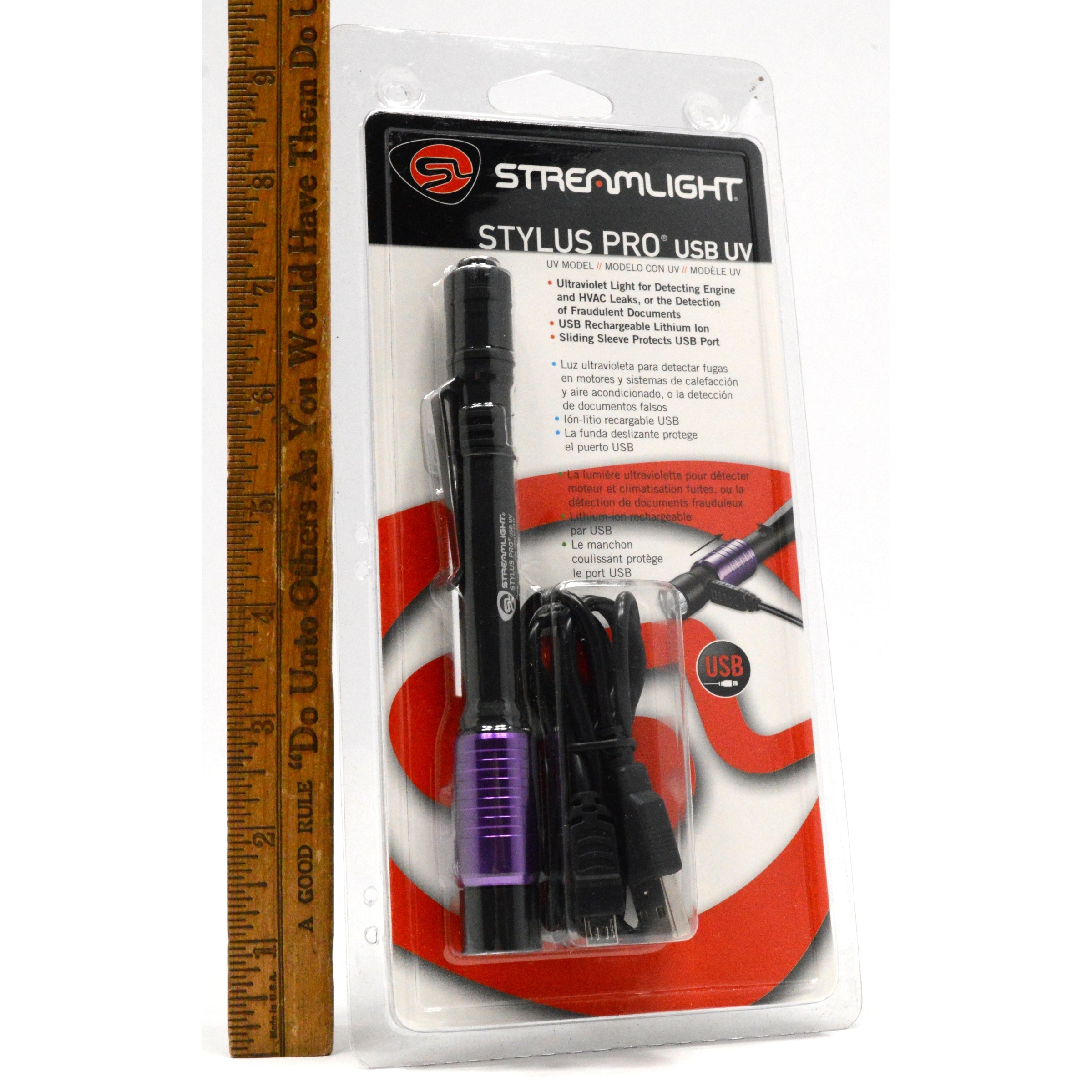 Streamlight Stylus Pro 400nm UV LED Flashlight with USB & Wall Charger - Compact, Rechargeable UV Light for Home Inspection, Pet Urine Detection & Security Use