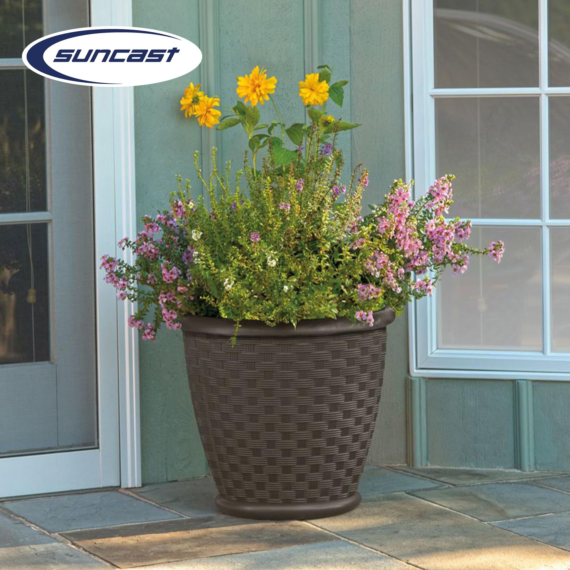Suncast Sonora 18 Inch Brown Plastic Wicker Decorative Garden Flower Planter Pots - 4 Pack for Indoor Outdoor Use in Backyard, Patio, Balcony & Home Decor