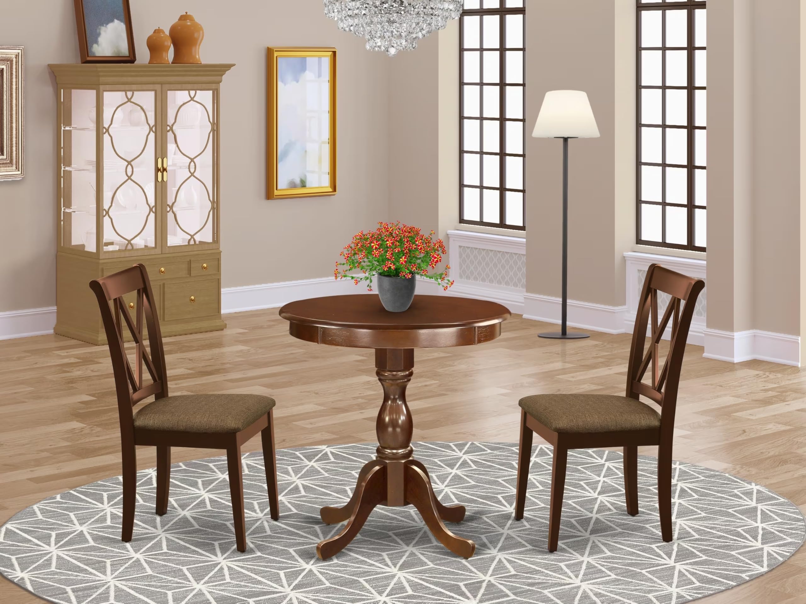 East West Furniture ESCL3-MAH-C 3 Piece Round Dining Table Set with Pedestal Base & 2 Upholstered Chairs, 30x30 Inch, Mahogany - Perfect for Small Kitchen, Breakfast Nook, or Apartment Dining Space