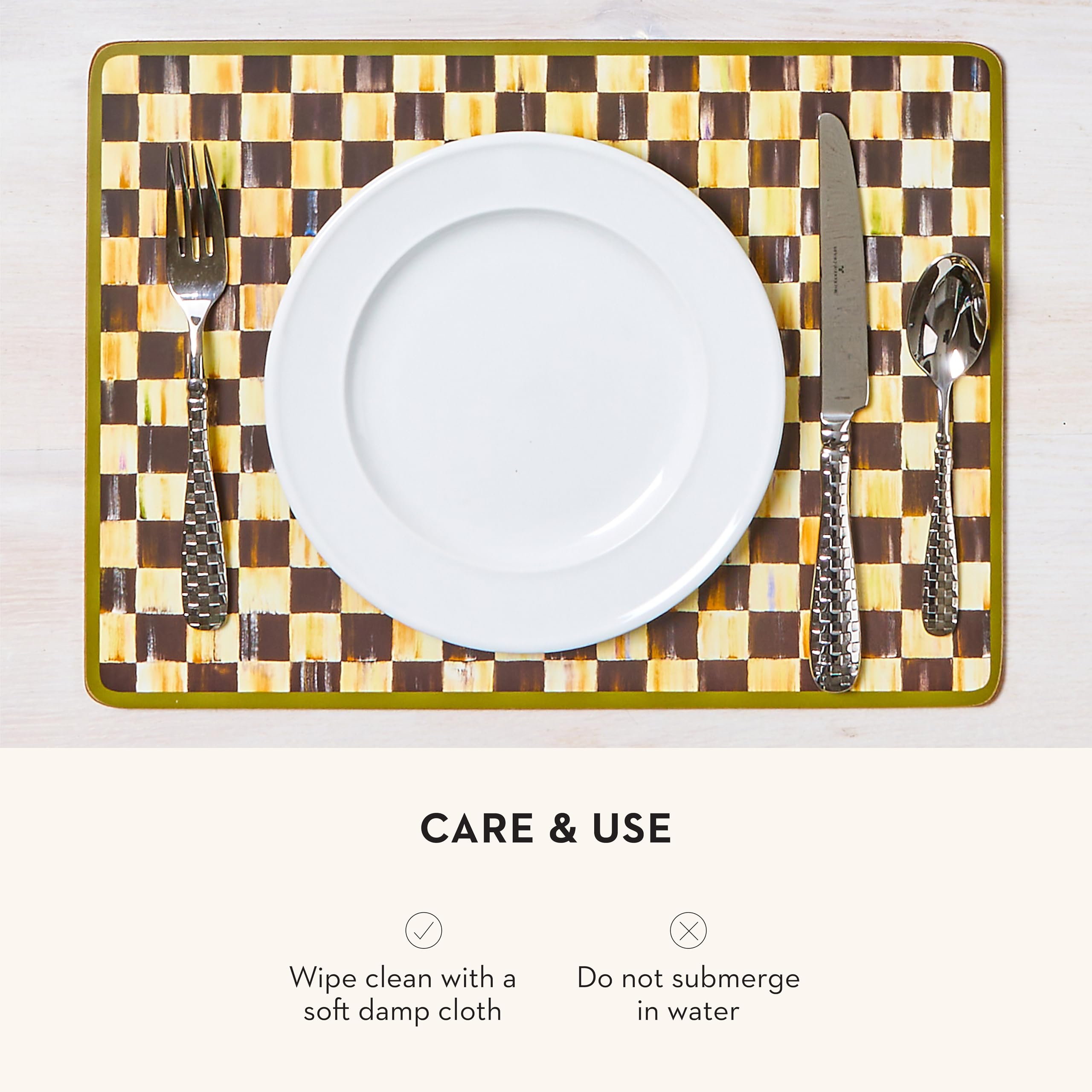 MACKENZIE-CHILDS Washable Cork-Back Placemats Set of 4 - Black and White Courtly Check Table Mats for Dining, Kitchen, and Party Decor