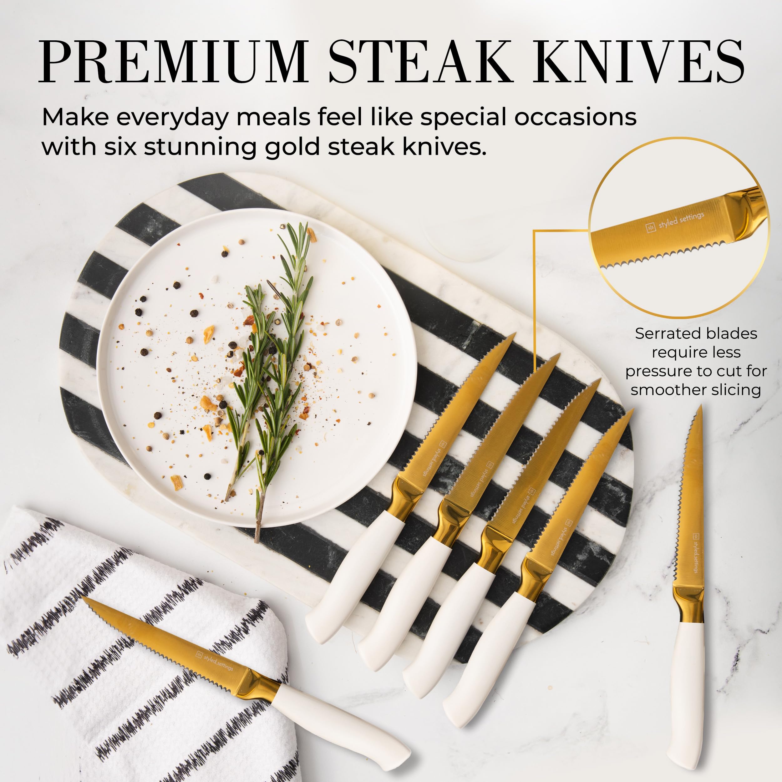 Premium 14-Piece Titanium Coated Gold Kitchen Knife Set with Self-Sharpening Block - Luxury Stainless Steel Knives with White Storage Block - Perfect for Home Chefs, Wedding Gifts & Kitchen Decor