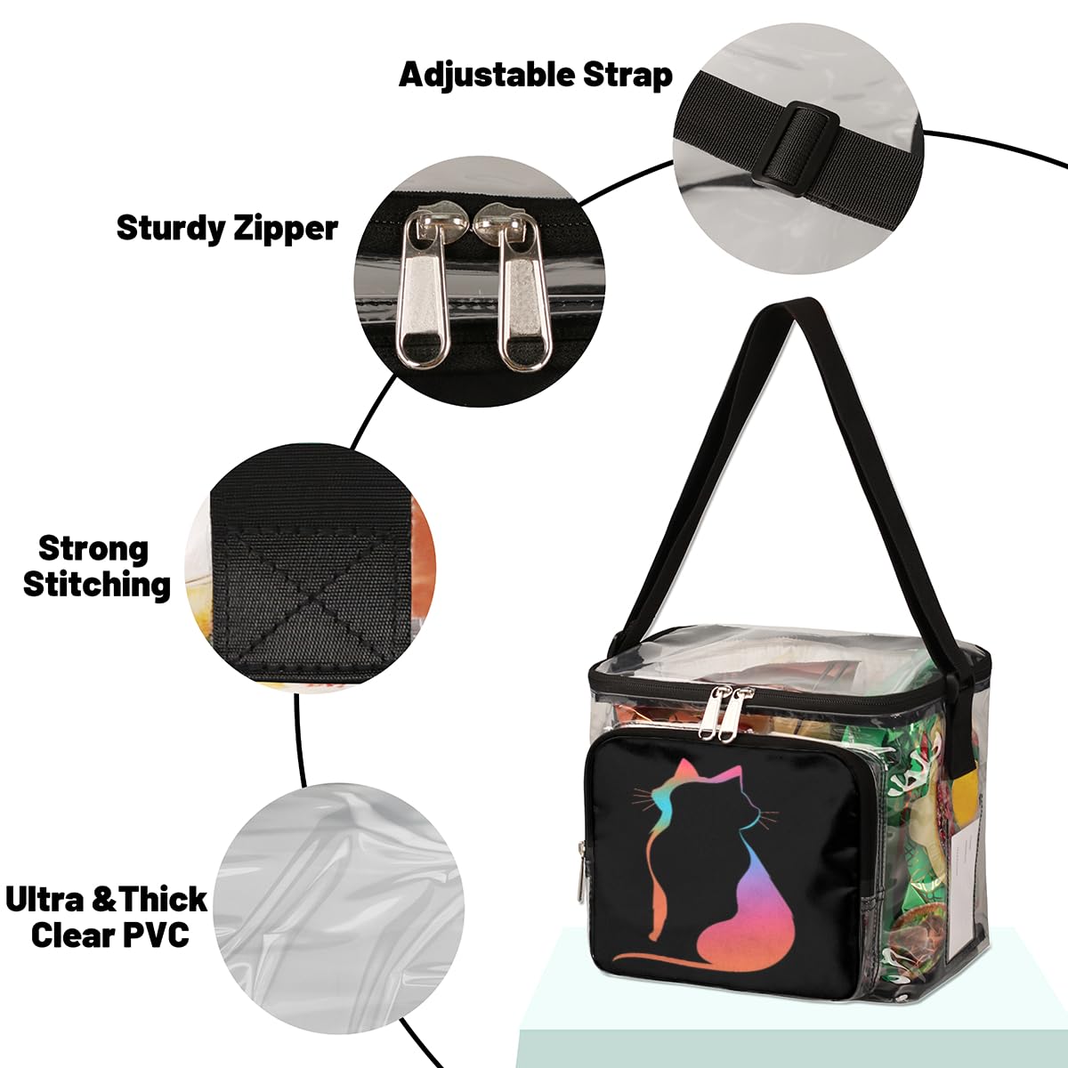 GzLeyigou Black Cat Silhouette Clear Tote Bag with Handles - Transparent Crossbody Shoulder Bag for Lunch, Outdoor, Travel, Picnic, Concerts & Sports Events | Stadium Approved Clear Purse for Women, Perfect for Beach, Shopping and Music Festivals