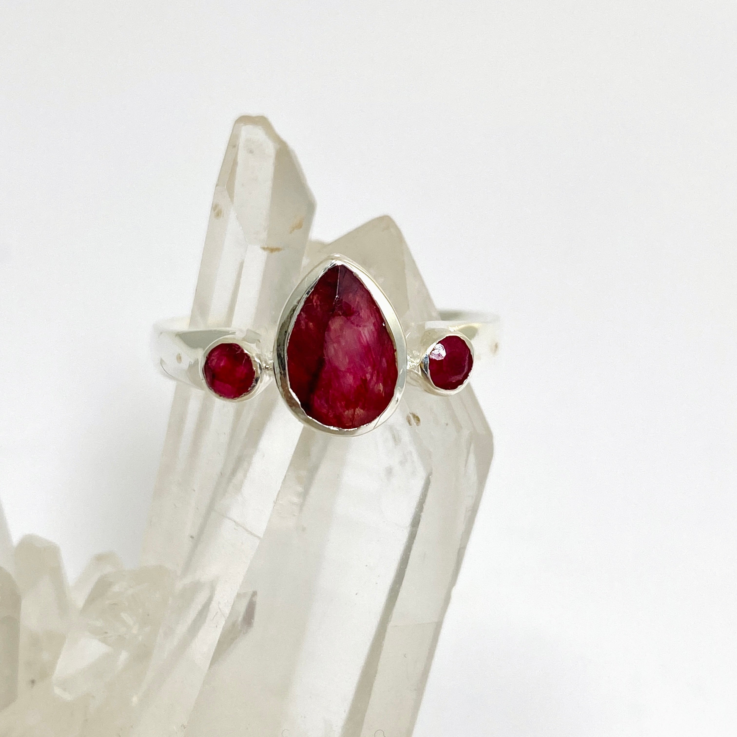 Faceted Ruby Teardrop Ring with Accent Stones R3668 - Elegant Jewelry for Women, Perfect for Weddings, Parties & Special Occasions
