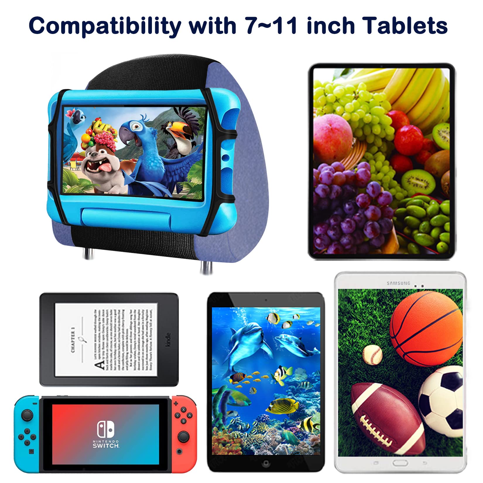2 Pack Universal Car Tablet Holder for Kids - Adjustable Headrest Mount for iPad & 7-11