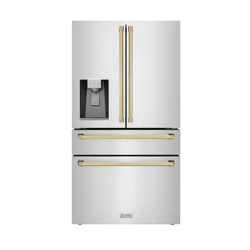 ZLINE Autograph Edition 36 Inch Counter Depth French Door Refrigerator - 21.6 cu ft Capacity, Fingerprint Resistant Stainless Steel with Polished Gold Handles, Built-in Water & Ice Dispenser (RFMZ W 36 G) - Perfect for Modern Kitchens, Open Concept Homes & Luxury Appliances Collection