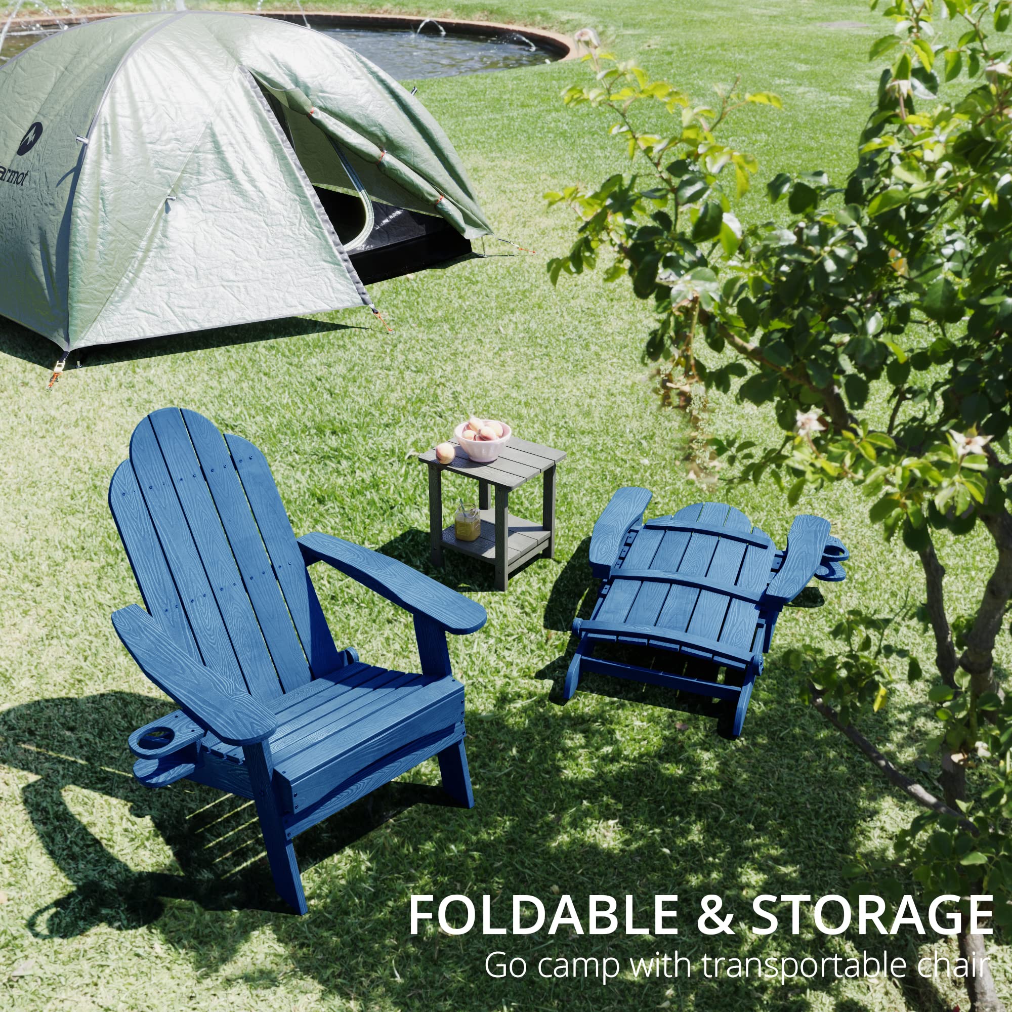 LUE BONA Folding Adirondack Chair - Navy Blue Weather-Resistant Outdoor Patio Furniture with Cup Holder, HDPS Fire Pit Chairs for Backyard, Garden, Poolside & Camping