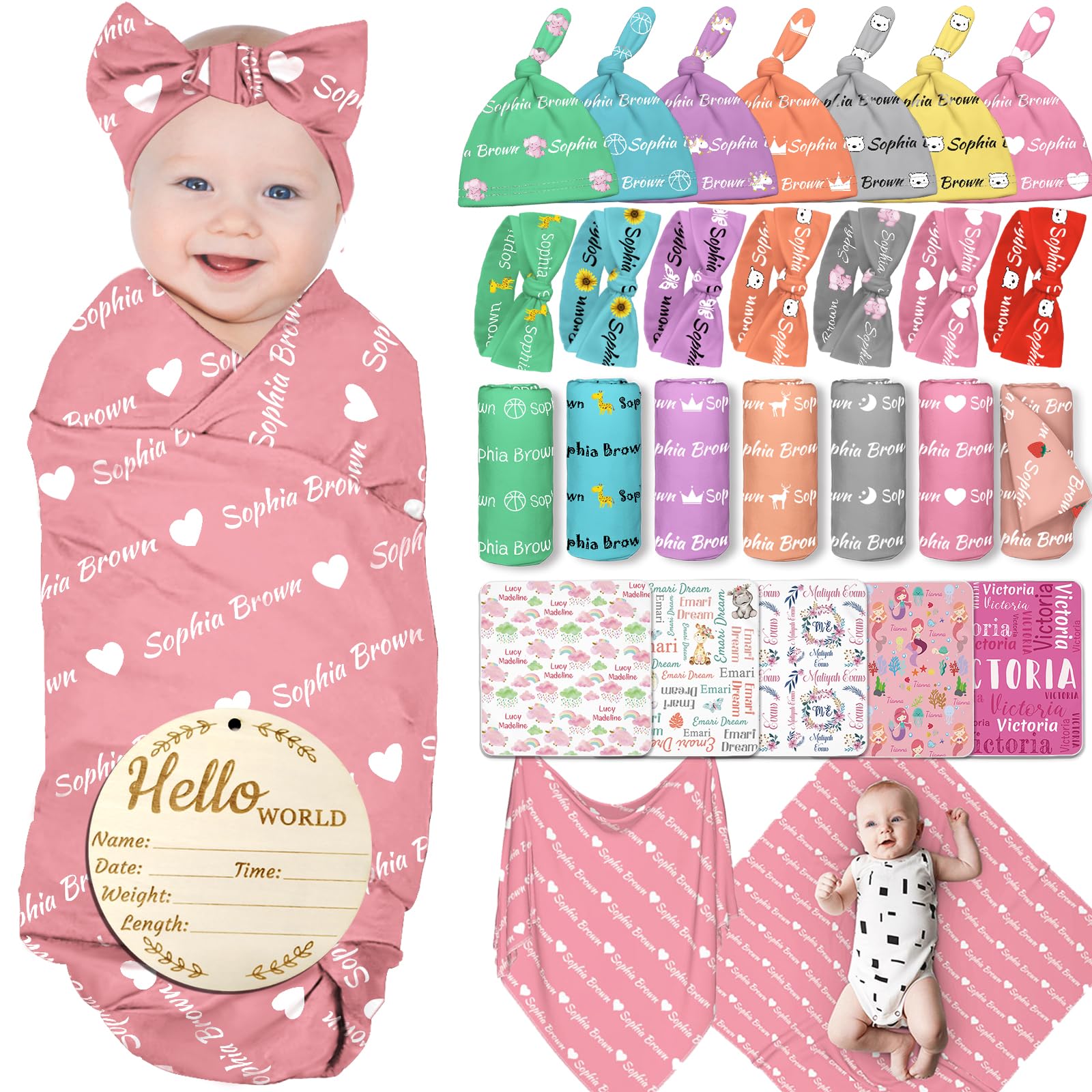 Custom Personalized Baby Swaddle Blanket Set with Bow Headband & Hat - Newborn Gift for Baby Girls & Boys - Perfect for Photography, Christening & Nursery Decor
