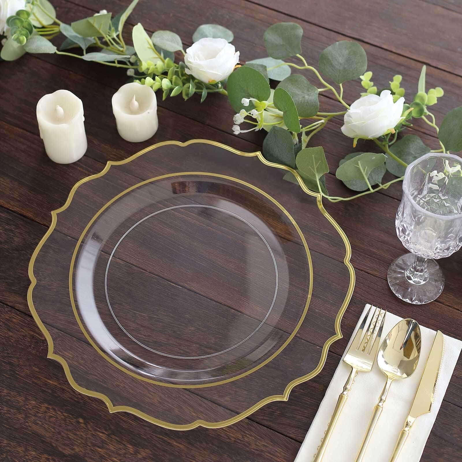Efavormart 10 Pack Clear Plastic Dinner Plates with Gold Scalloped Rim - 13 Inch Round Decorative Charger Plates for Wedding, Party & Formal Dining Events
