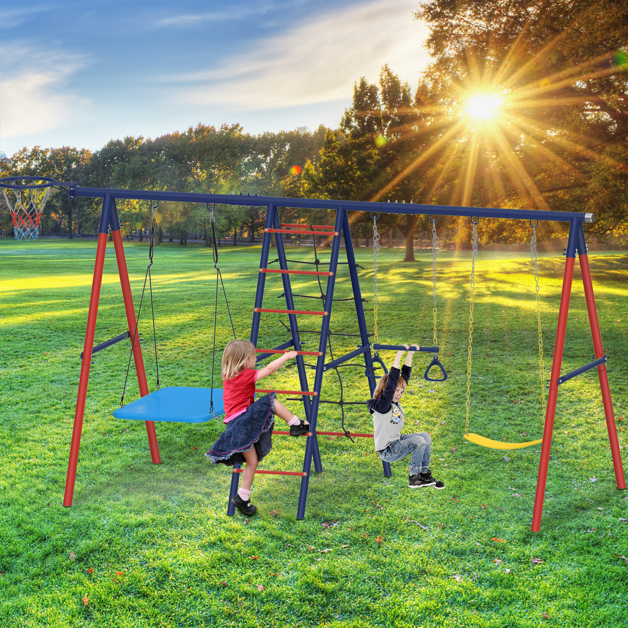 EROMMY 5-in-1 Lifetime Swing Set for Kids - Square Swing, Belt Swing, Climbing Ladder, Basketball Hoop & Hanging Rings - 440 lbs Weight Capacity - Perfect for Backyard Playground, Outdoor Family Fun & Kids Exercise