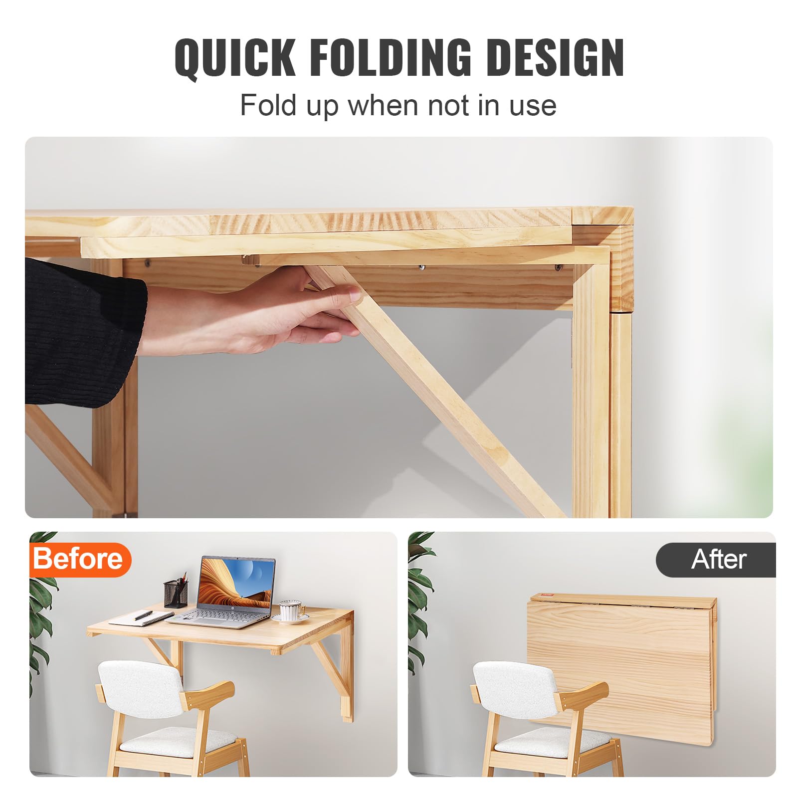 VEVOR Wall Mounted Folding Table - Solid Wood Drop Leaf Floating Desk for Small Spaces (31.5