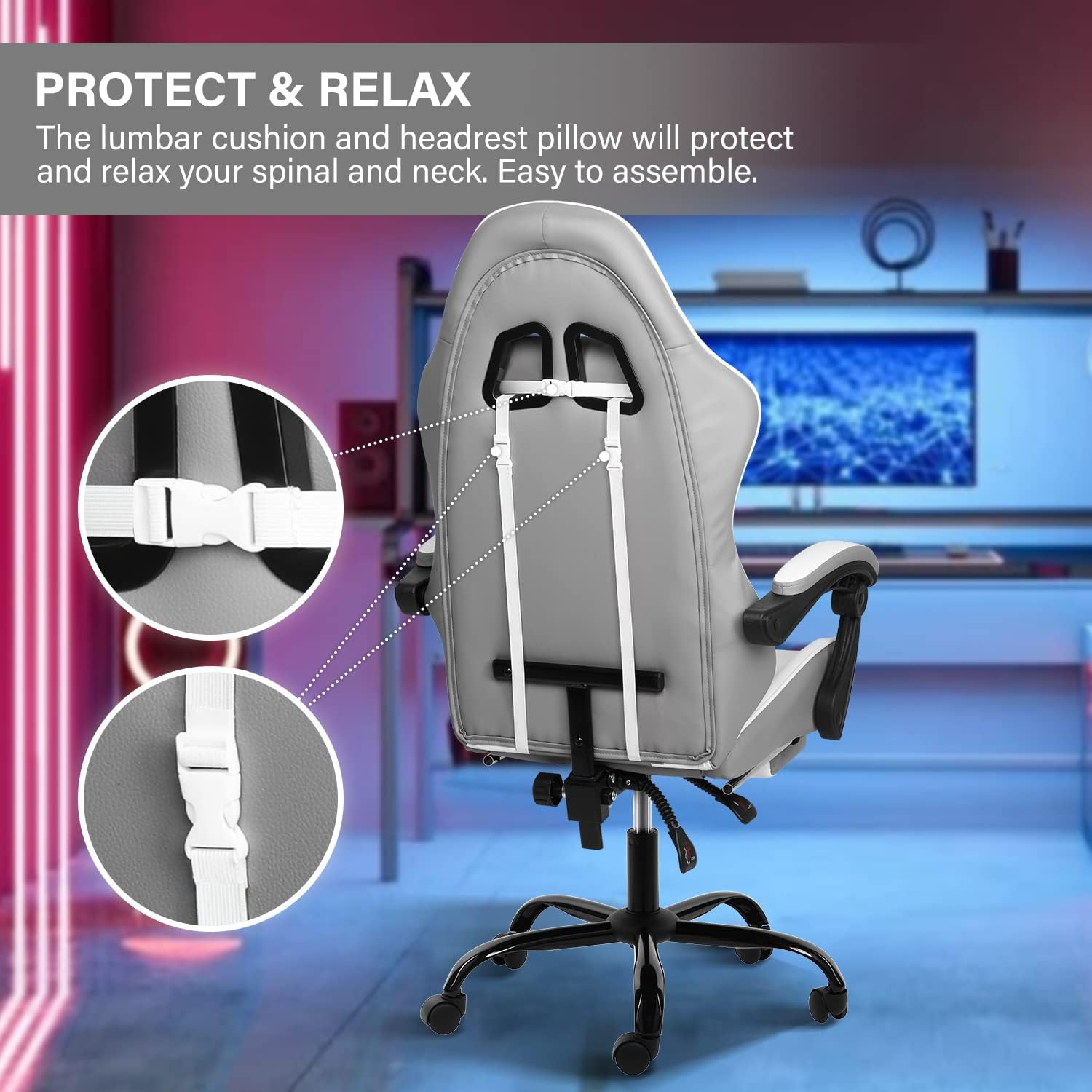 YSSOA White Gaming Chair with Footrest - Big and Tall Ergonomic Racing Style Office Chair - Adjustable Swivel Computer Chair with Headrest & Lumbar Support - Perfect for Gaming, Streaming, and Home Office Workspace