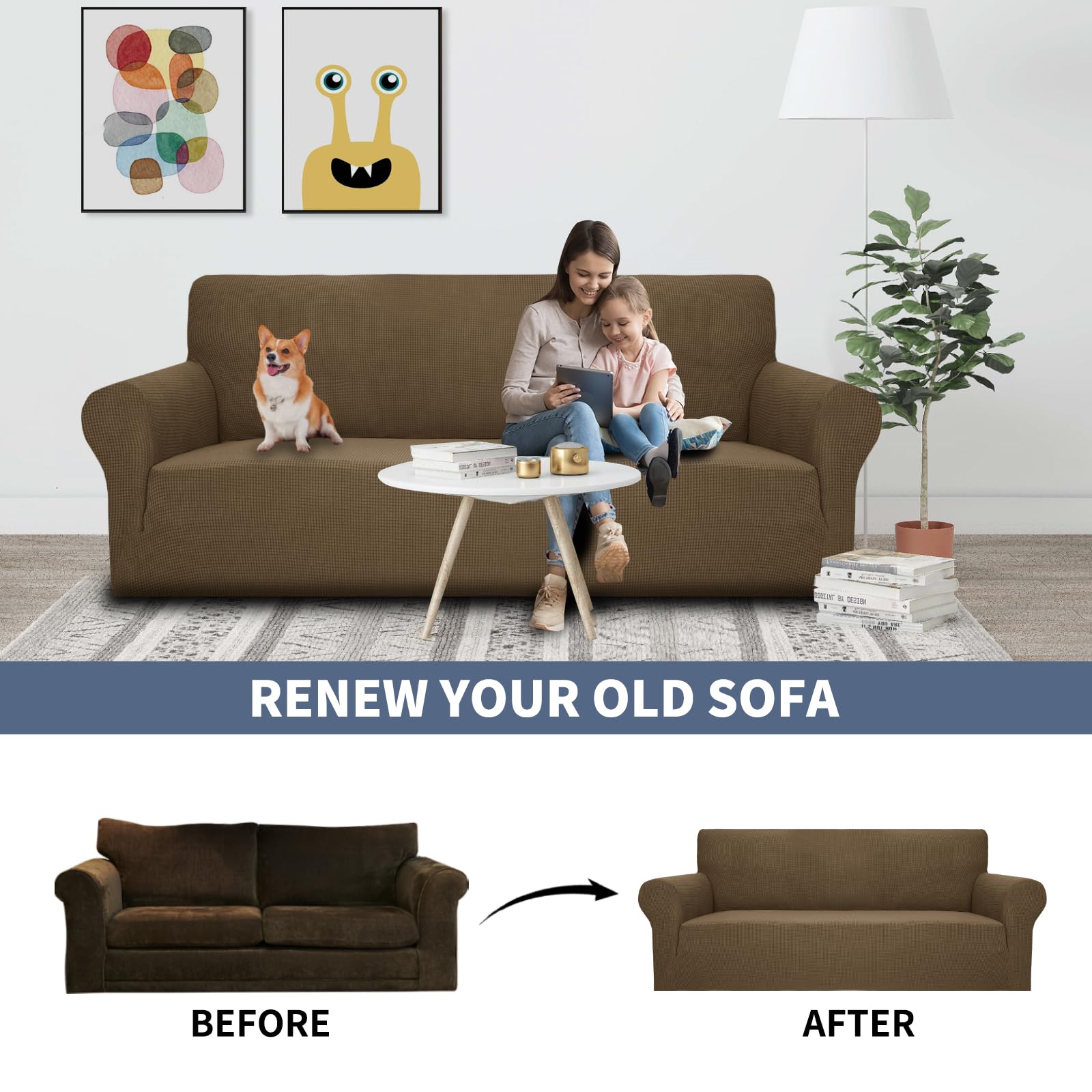 JIVINER Stretch Sofa Cover for 3-Cushion Couches - Extra Large 1-Piece Elastic Slipcover with Anti-Slip Bottom, Furniture Protector for Pets (Brown, XL) - Perfect for Living Room, Family Room & Pet-Friendly Homes