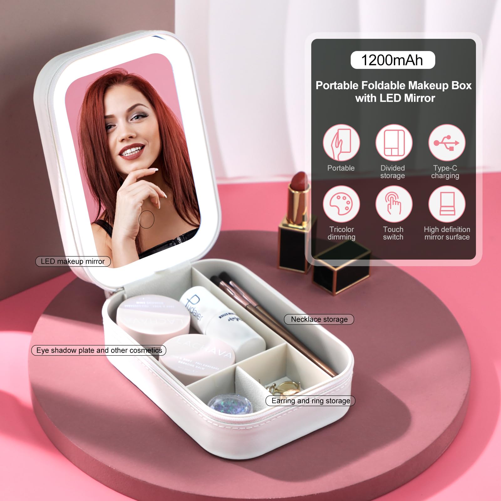 BS-MALL LED Makeup Mirror Case - Travel Cosmetic Storage for Brushes & Tools (White) - Perfect for On-the-Go Beauty