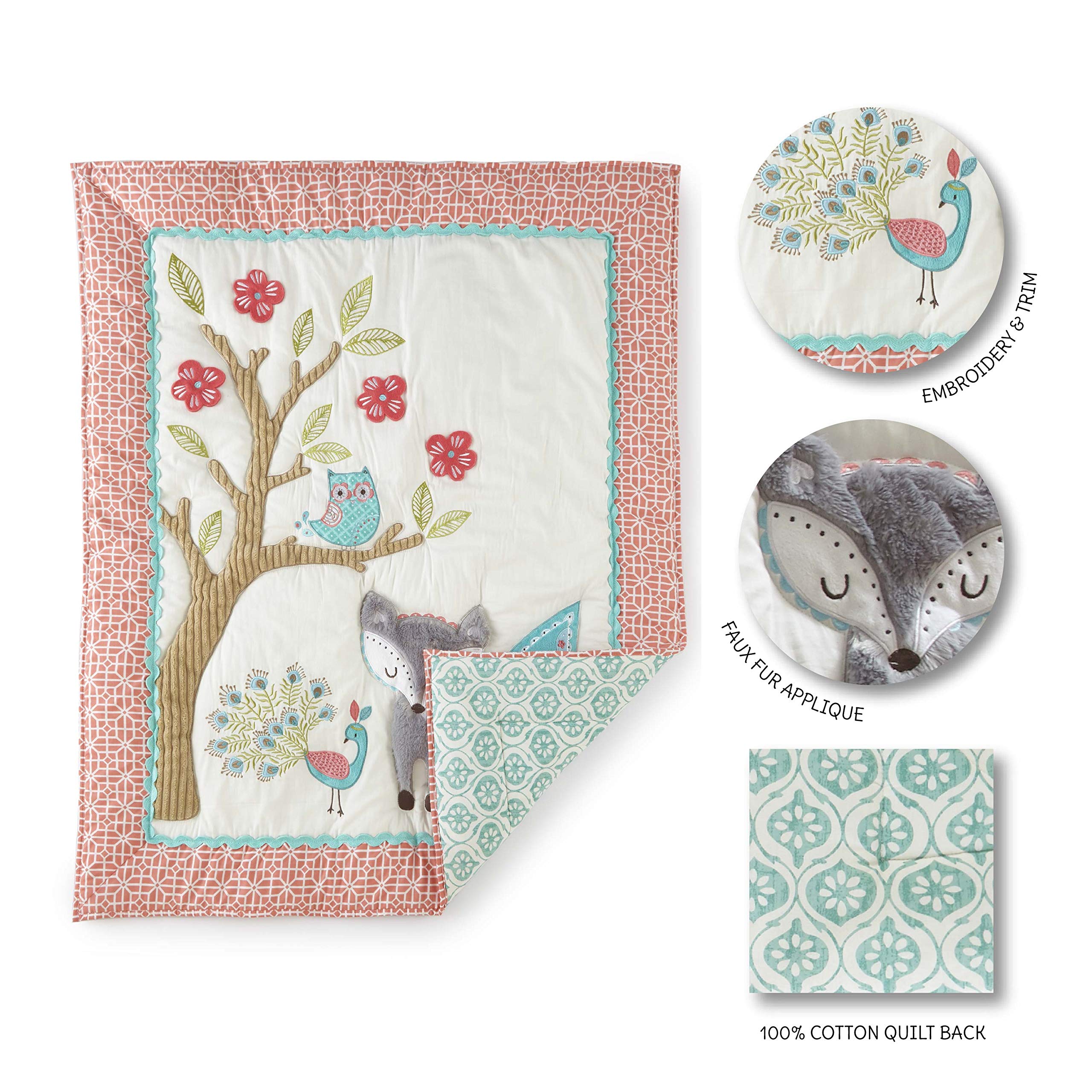 Levtex Baby Fiona 5-Piece Crib Bedding Set - Pink, Teal & White Woodland Forest Theme Nursery Collection - Includes Quilt, 2 Fitted Sheets, Wall Decal & Dust Ruffle - Perfect for Baby Shower Gifts & Nursery Decor