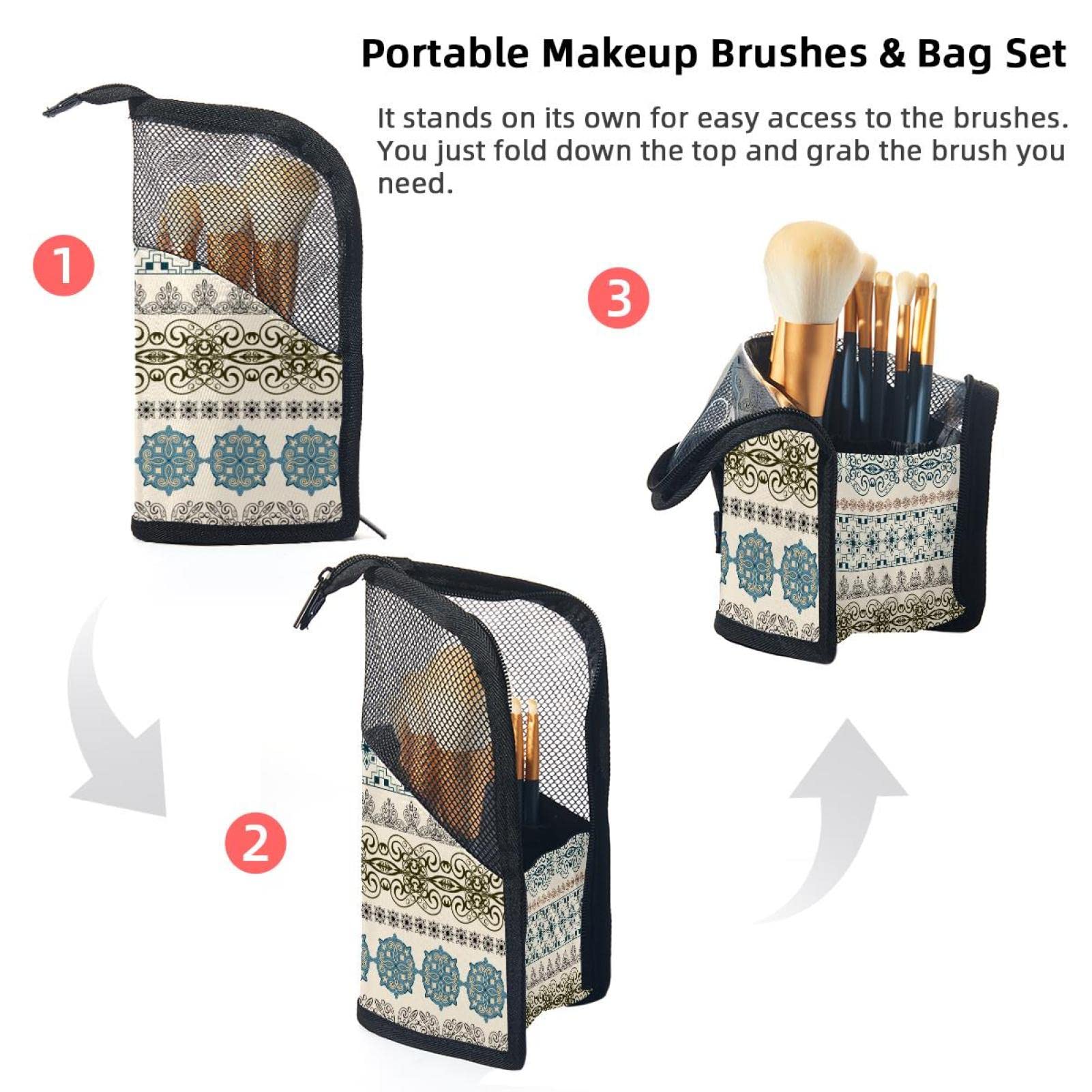 Boho Artistic Flower Ethnic Makeup Brush Organizer Bag with 12 Slots - Portable Waterproof Cosmetic Brush Holder Case for Travel & Home Vanity Organization