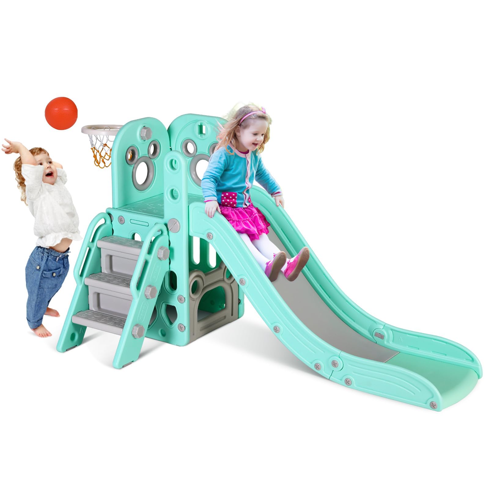 Arlopu 5-in-1 L-Shaped Kids Slide Climber Set with Basketball Hoop, Storage Space & Non-Slip Steps - Indoor/Outdoor Toddler Playset for Boys & Girls Ages 3+ (Light Green) | Perfect for Backyards, Playrooms & Birthday Gifts