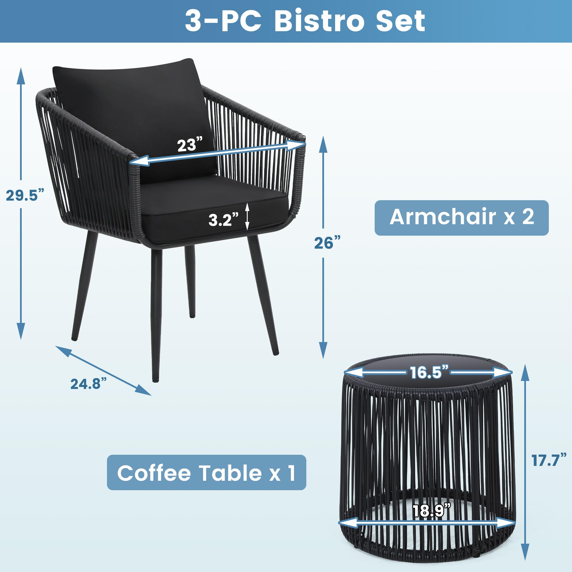 Kromax 3-Piece Patio Rattan Bistro Set - All-Weather Wicker Outdoor Furniture with 2 Chairs & Side Table - Perfect for Balcony, Porch, Backyard, Garden or Poolside - Black