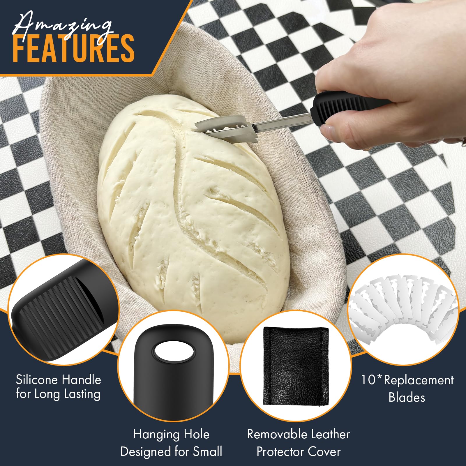MEKER Professional Bread Lame for Sourdough Baking - Upgraded Silicone Handle Dough Scoring Knife with 10 Stainless Steel Blades & Leather Protector - Perfect for Artisan Bread Making, Home Baking & Pastry Decoration